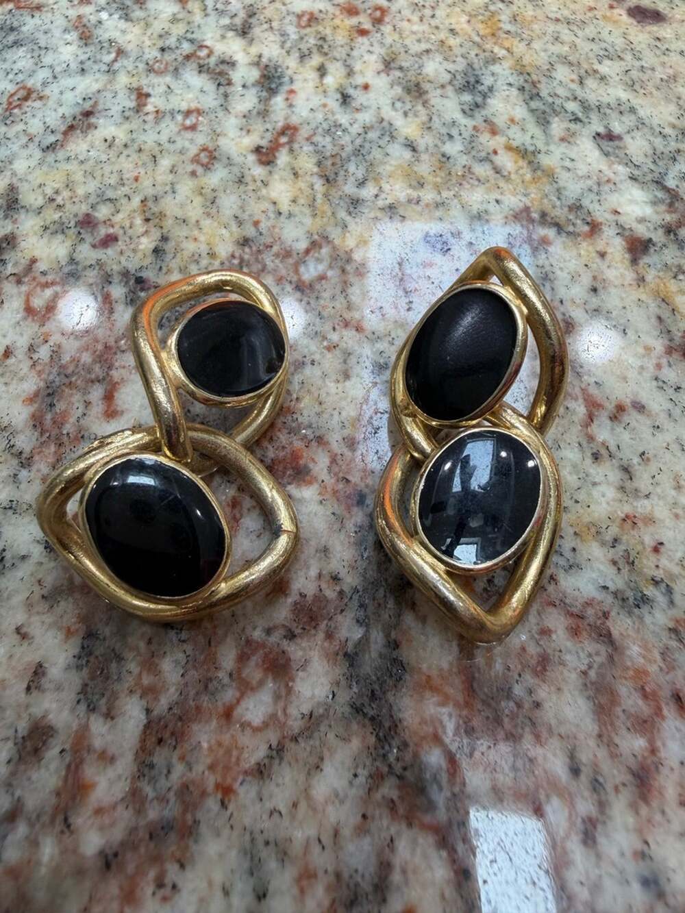 Vintage Gold Tone Black Enamel Statement Earrings